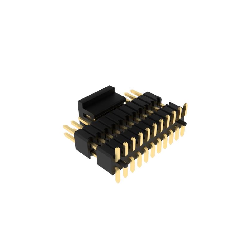1.27mm间距排针，双排双塑SMT安装焊接工艺，带PCB定位柱